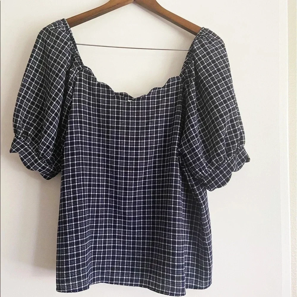 Puff Sleeve Check Plaid Scalloped Neckline Size XL Petite Checkered